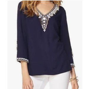Lilly Pulitzer Braydon Navy Blue Beaded Blouse Tunic size Medium Nautical Preppy